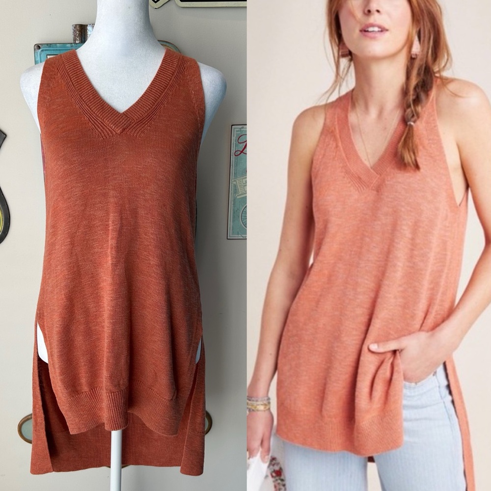 Anthropologie Linen Blend Knit Burnt Orange Desmond Tunic Top Lagenlook Boho